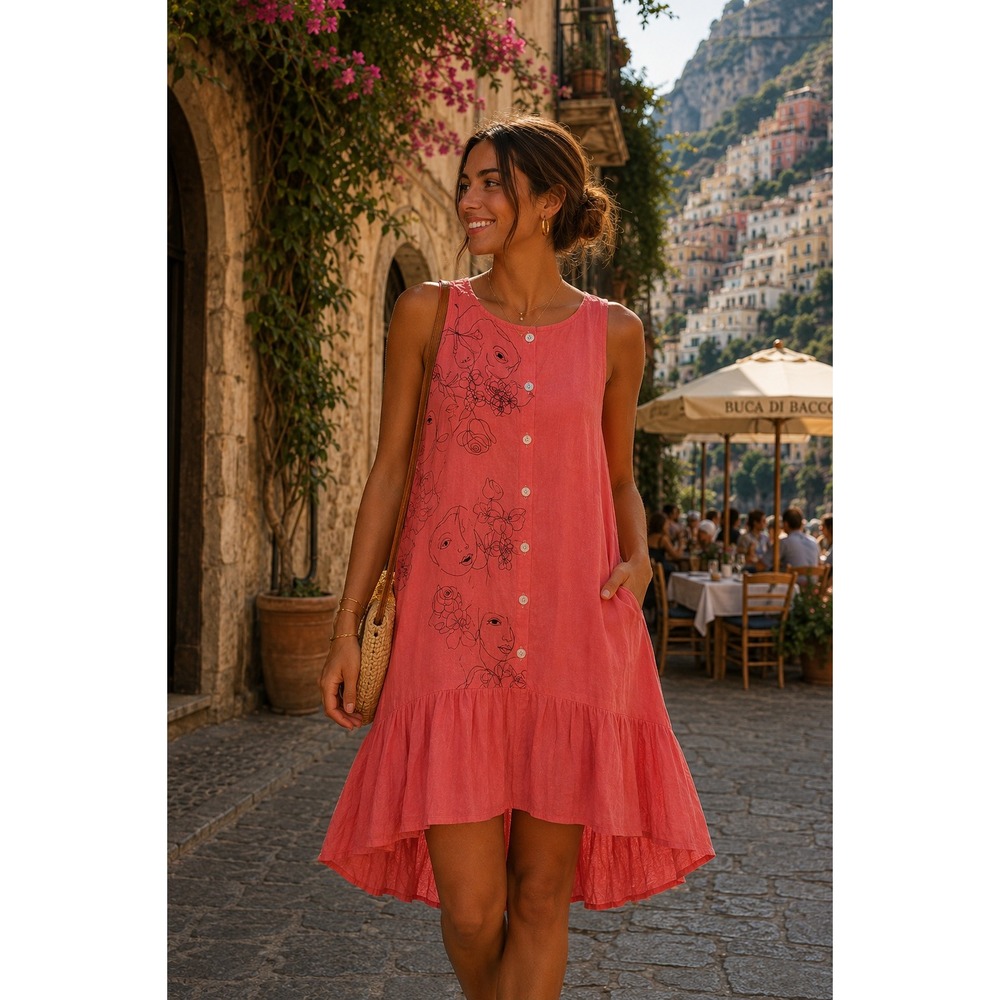CRISTINA VERGANI Linen Tiered Sleeveless Button Front Midi Dress Salmon Medium